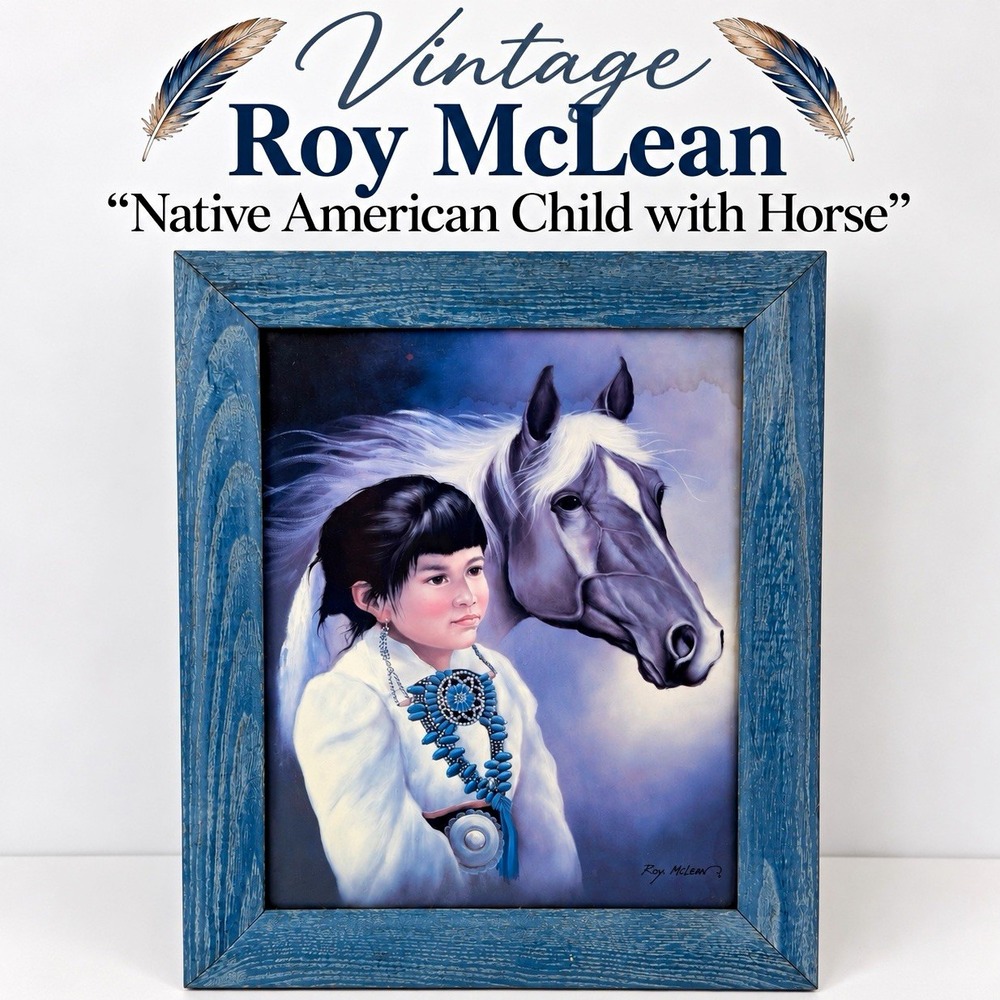 Roy McLean Signed Framed Print "Native American Child with Horse" Vintage 1990